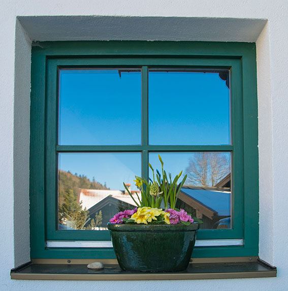 Grün gerahmtes Fenster mit Frühlingsblumen auf der Fensterbank